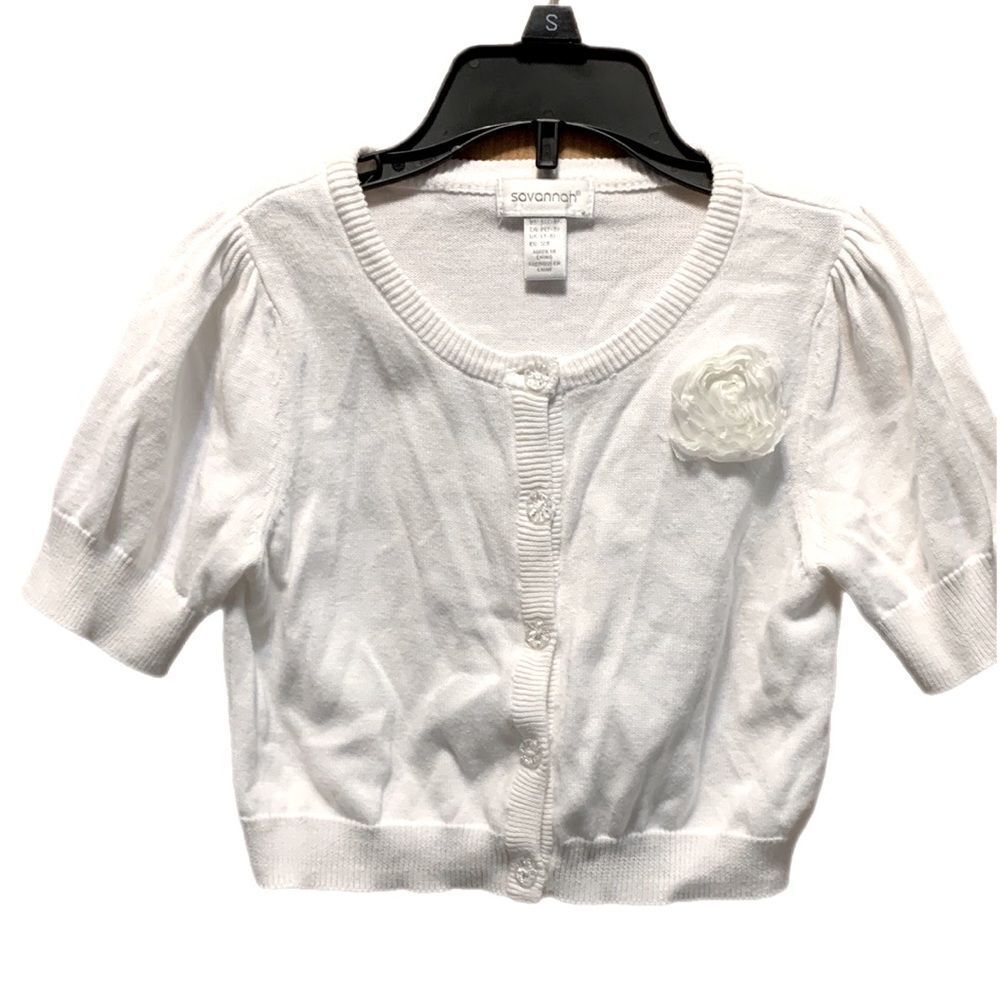 Savannah Short Sleeve Girls White Knit Cardigan Sweater Rose Flower Accent 7/8